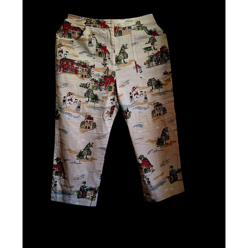 Vintage Scenic Print Cotton Cropped Pants With Pockets & Button Details